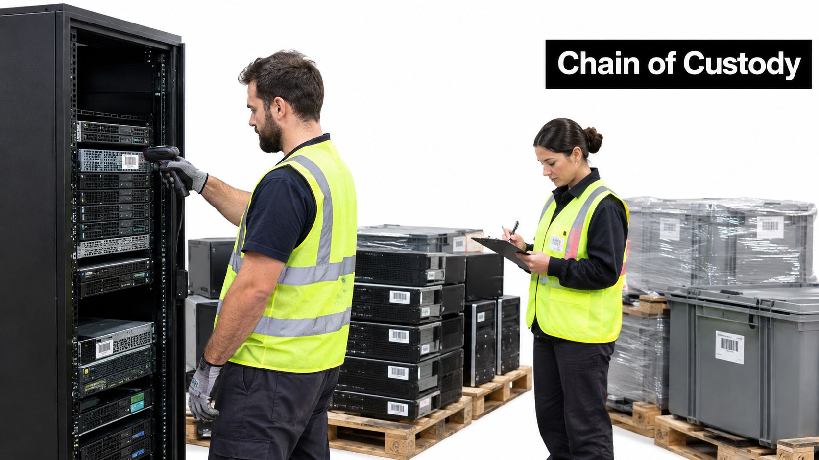 A man and woman in high visibility vests processing electronic hardware in a warehouse setting.