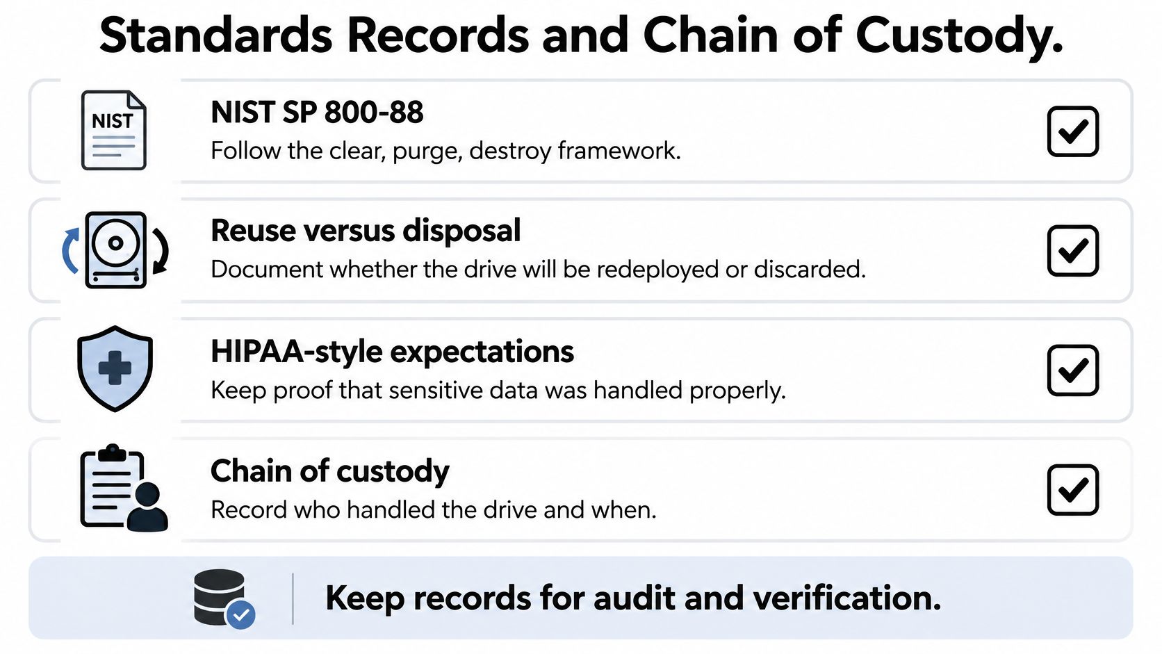 A checklist infographic detailing standards for data sanitization, record-keeping, and maintaining a chain of custody for drives.