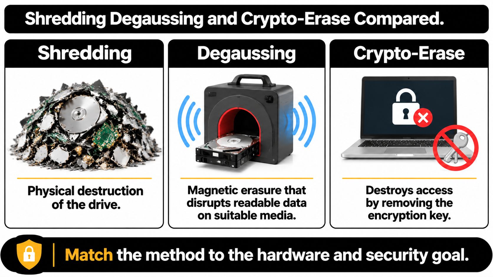 A comparison chart showing three data sanitization methods: shredding, degaussing, and crypto-erase for secure hard drives.