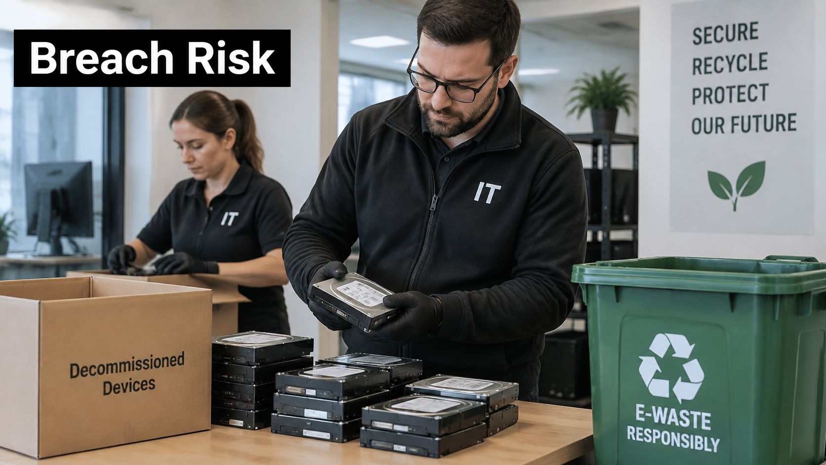 IT professionals handling hard drives for secure destruction in an office setting for data security.