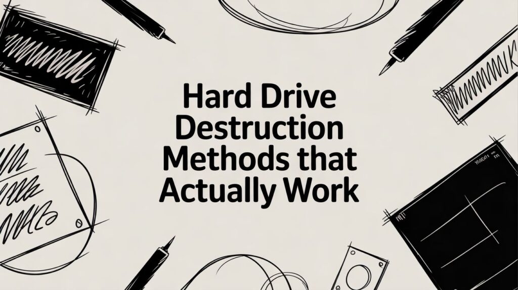 Sketches of tools surround the text “Hard Drive Destruction Methods that Actually Work.”
