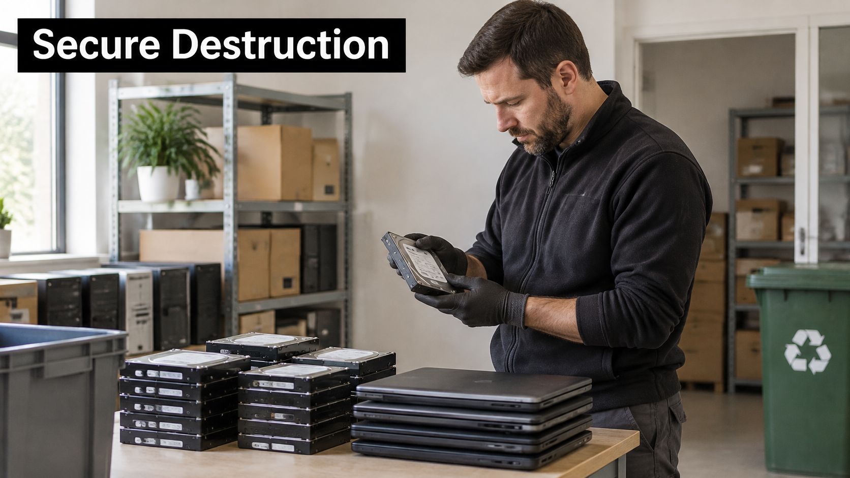 A professional technician wearing gloves inspects a hard drive in a secure electronic waste recycling facility.