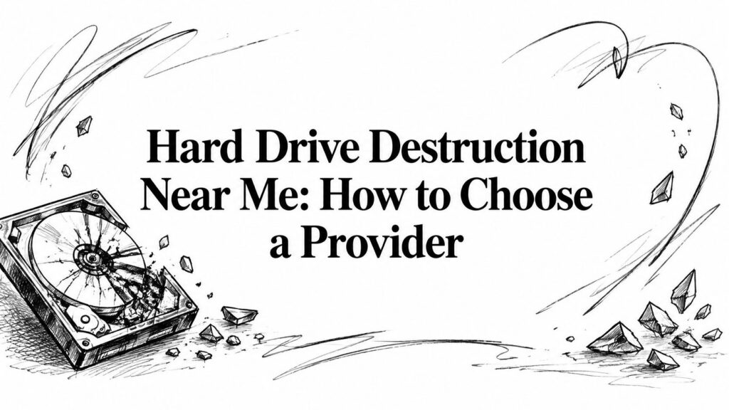 A shattered hard drive accompanies the text, “Hard Drive Destruction Near Me: How to Choose a Provider.”