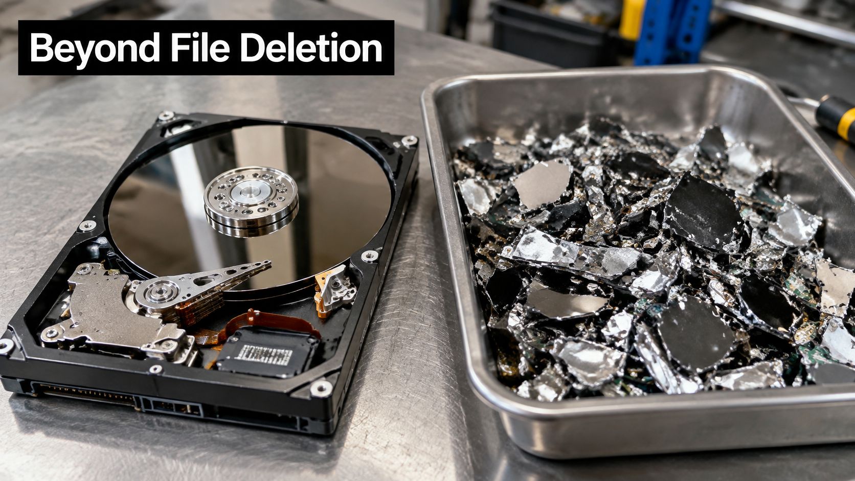 A disassembled hard drive sits next to a metal tray filled with shredded hard drive fragments.