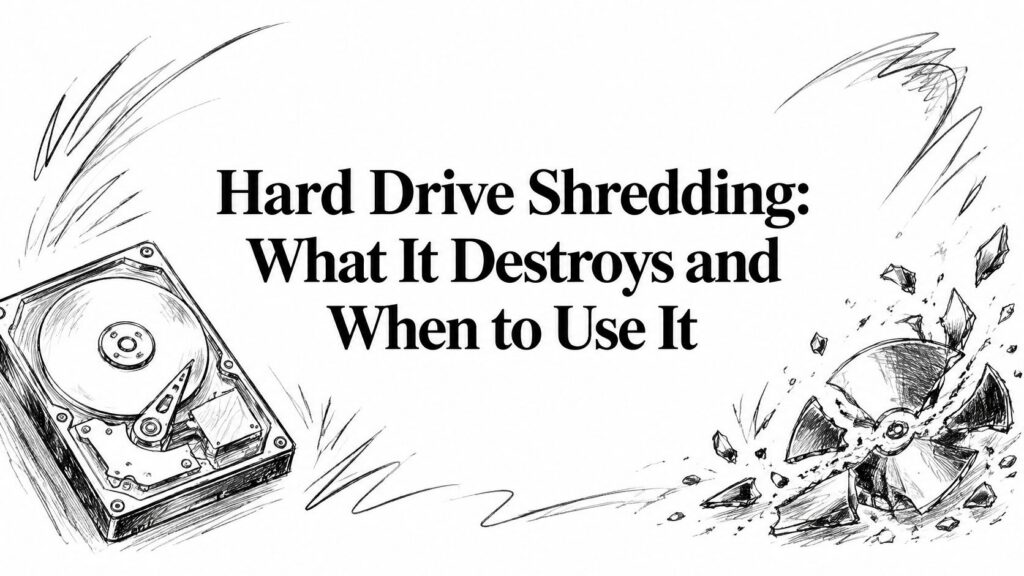An intact hard drive is shown next to a shredded one in this Hard Drive Shredding illustration.
