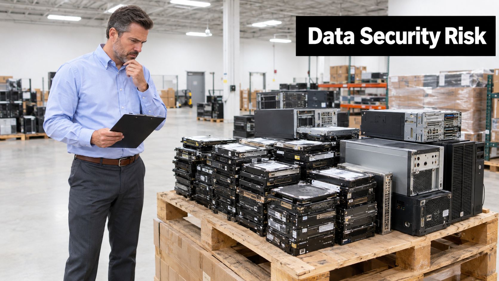 A professional IT technician inspecting a pallet of old computer hard drives in a warehouse setting.