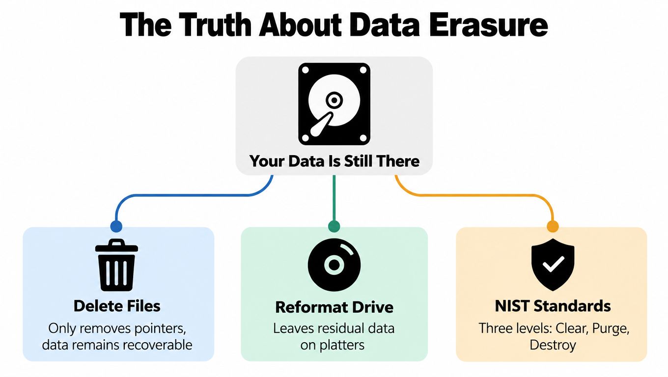 An infographic explaining that standard data deletion methods leave information recoverable, contrasting them with NIST standards.