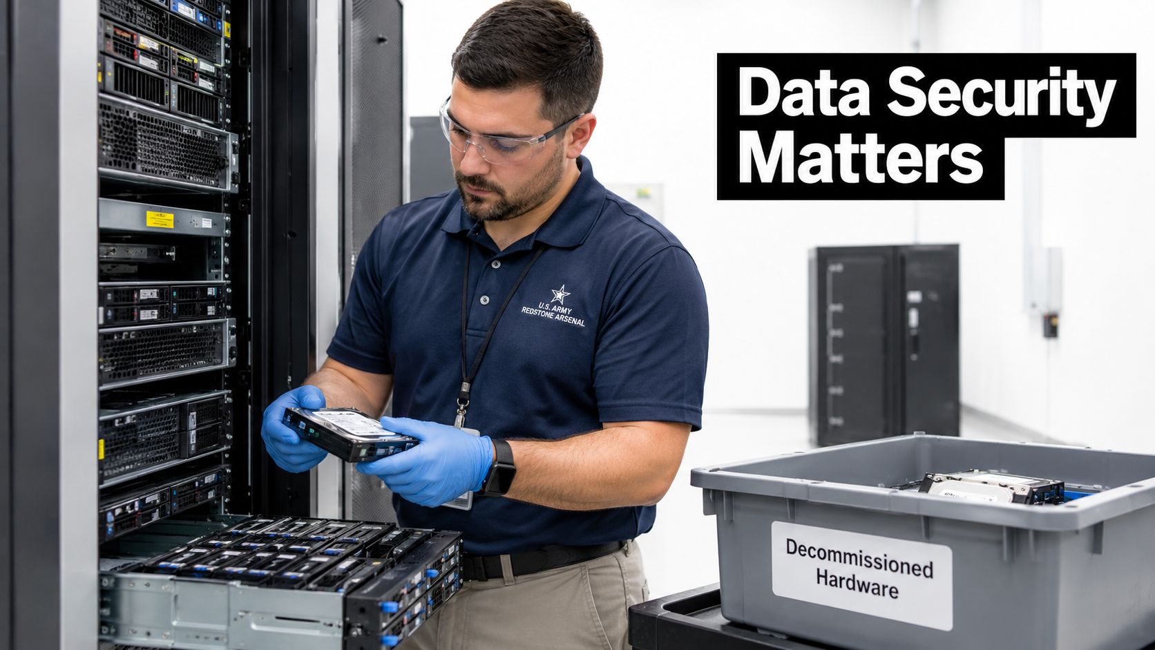 A technician wearing safety gear removes a hard drive from a server rack for secure disposal.