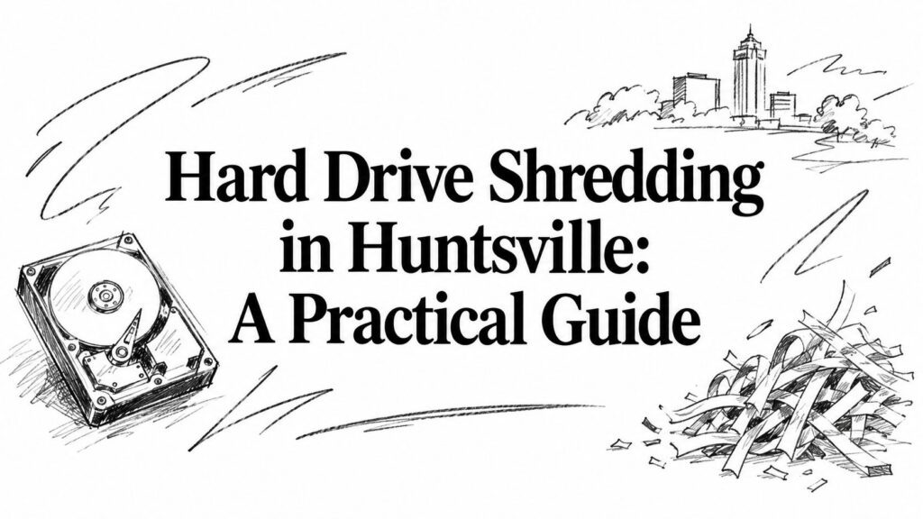 An illustration of a hard drive and paper scraps labeled Hard Drive Shredding in Huntsville.