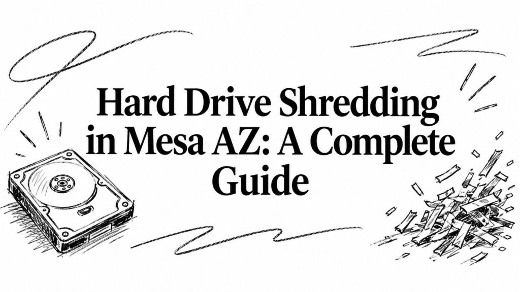 A hard drive next to shredded pieces, showing the words: Hard Drive Shredding in Mesa AZ guide.