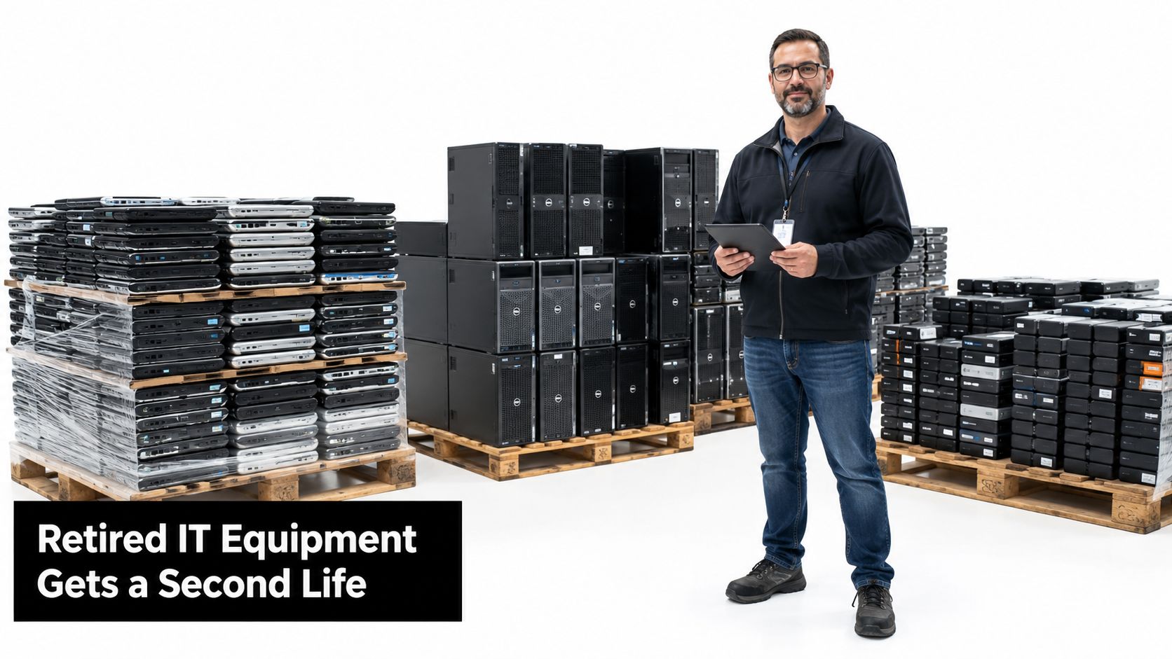 A professional man stands next to pallets of retired IT equipment like computers and servers.