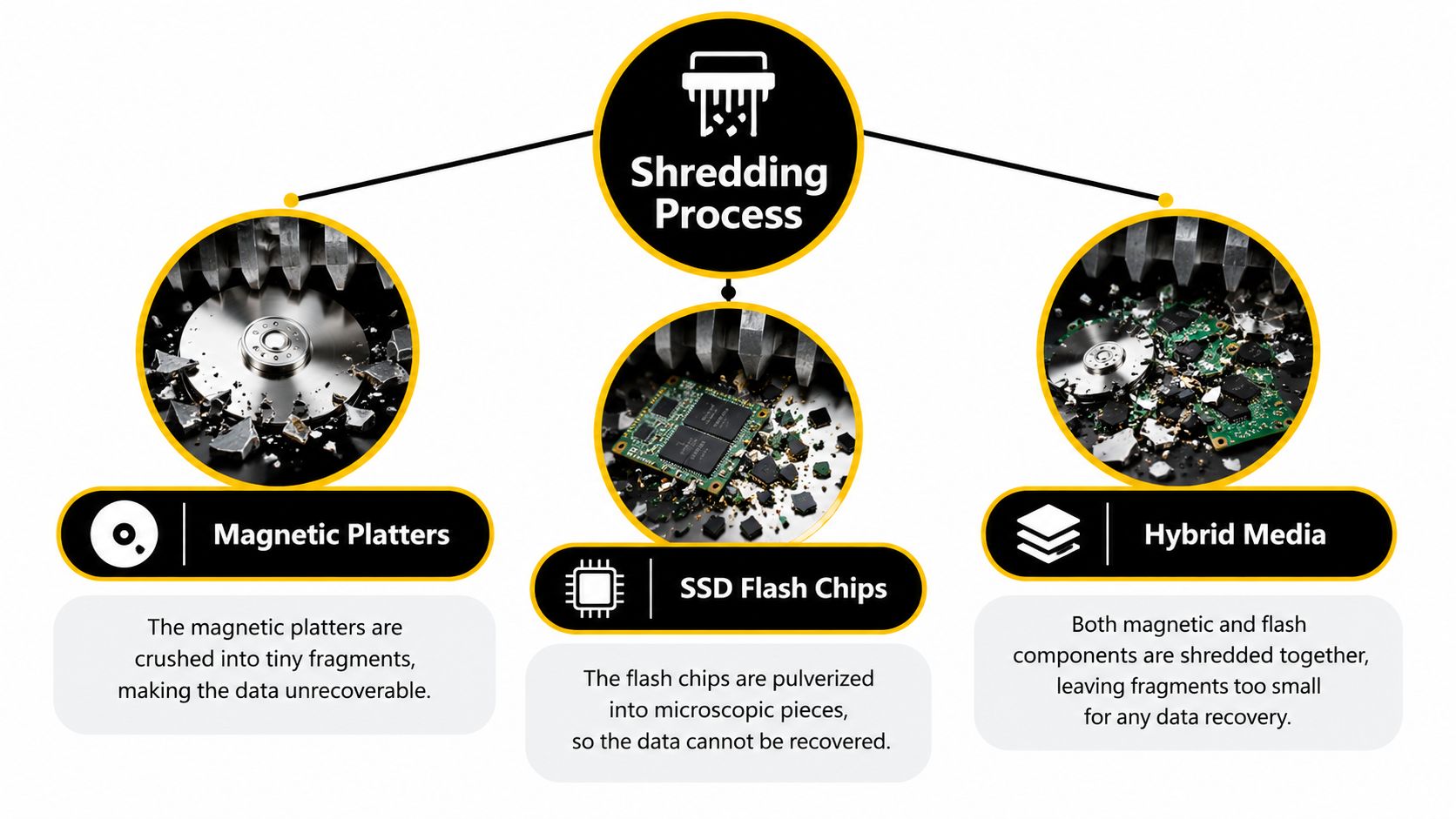 A diagram illustrating the hard drive shredding process for magnetic platters, SSD flash chips, and hybrid media devices.