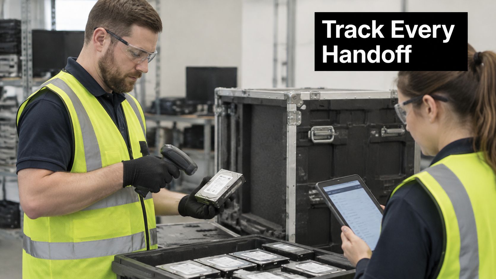 Warehouse workers in high-visibility vests scanning hard drives for inventory tracking and secure asset management.