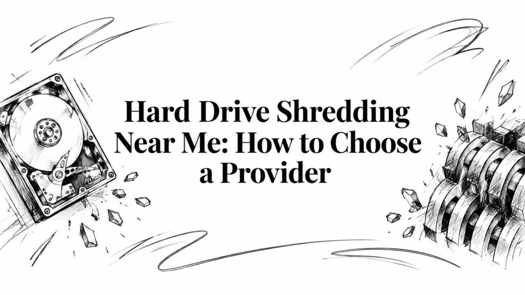 A hard drive is being shredded next to the text, Hard Drive Shredding Near Me: How to Choose a Provider.