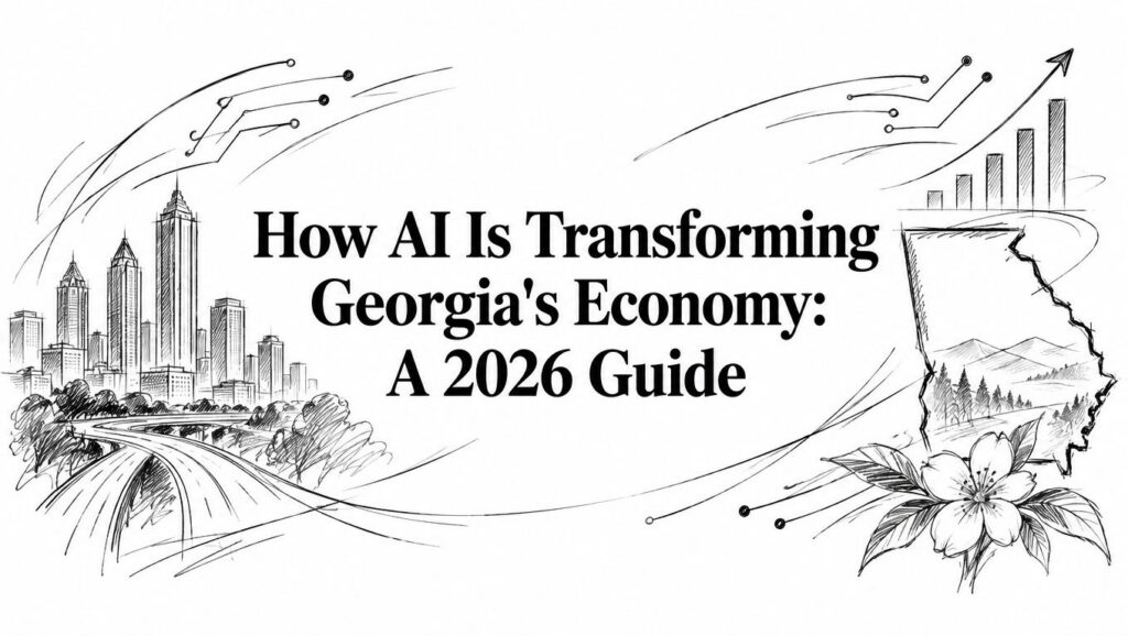 A business team in Georgia reviews AI-powered data charts, shaping the economy in 2026.
