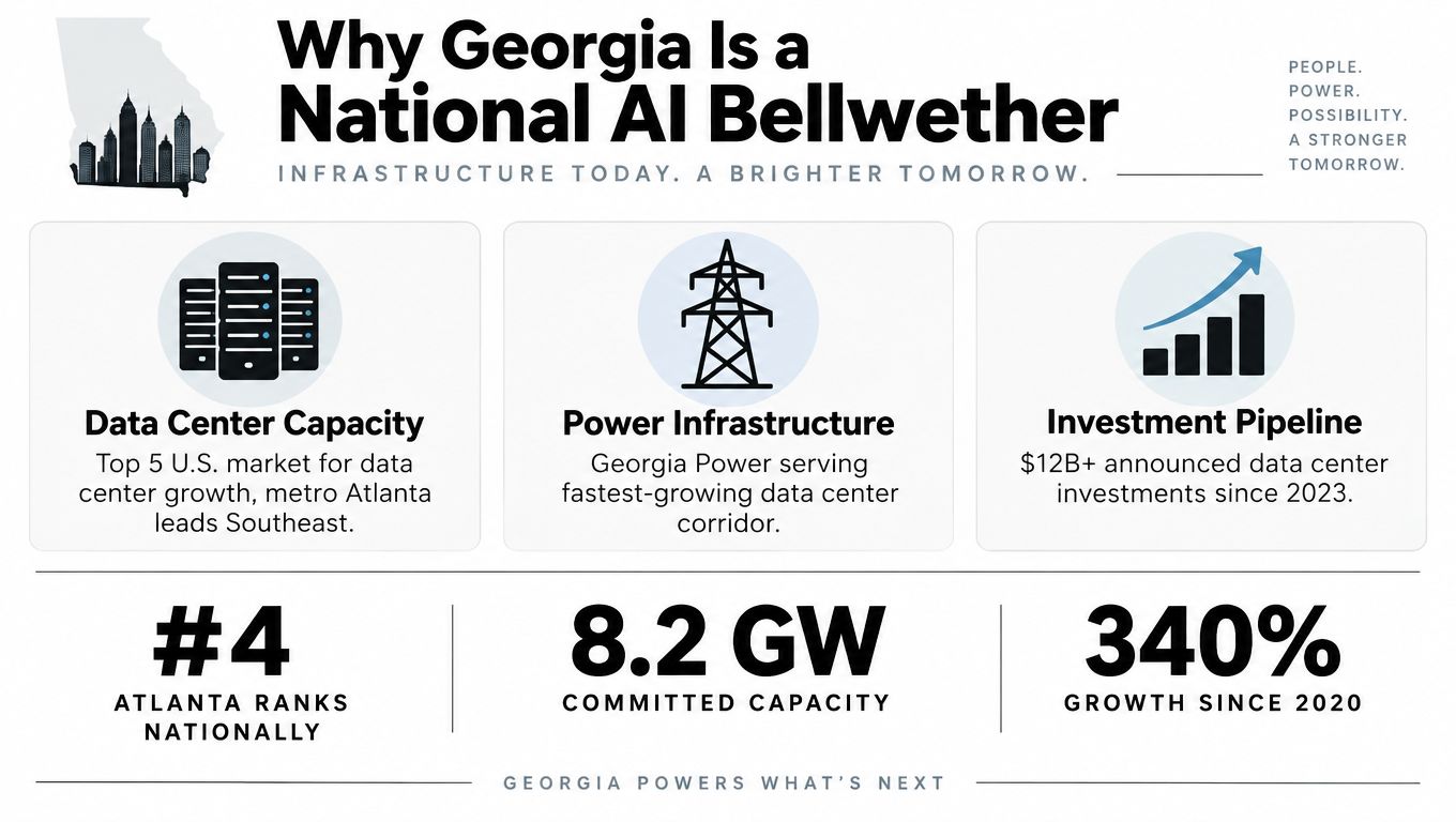 An infographic highlighting Georgia's leadership in the AI industry, featuring data center statistics and investment figures.