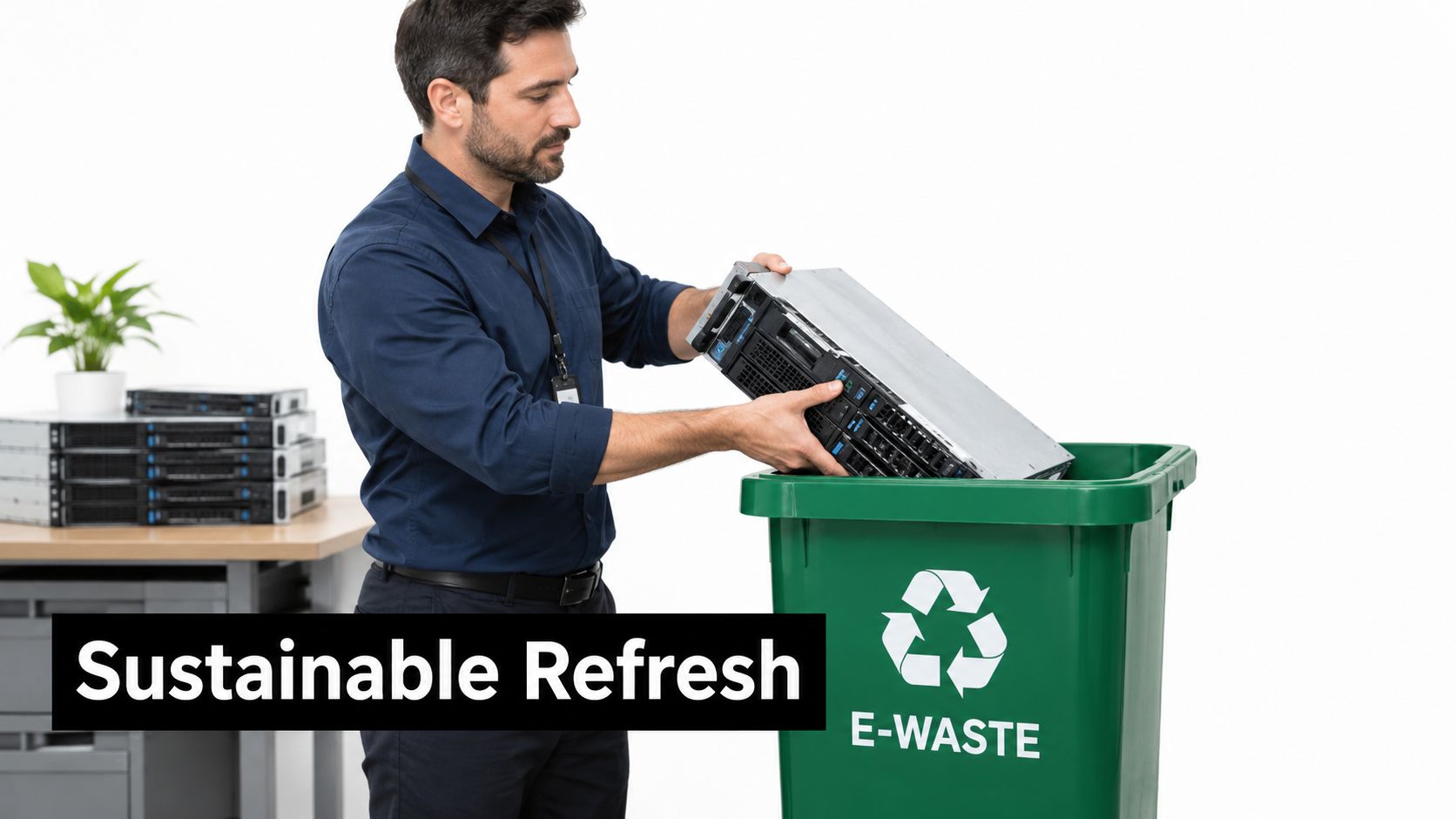 A professional man disposing of old server hardware into a green electronic waste recycling bin.