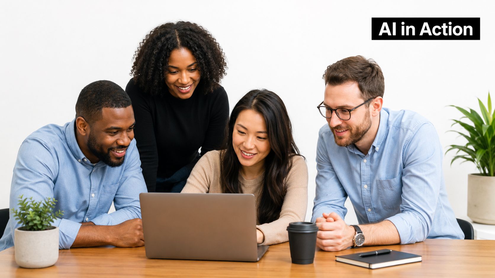 A diverse group of four professionals collaborating while looking at a laptop computer on a wooden desk.
