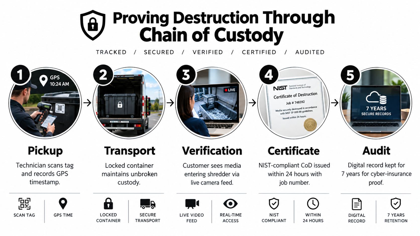 A five-step infographic illustrating a secure chain of custody process for certified hard drive data destruction.