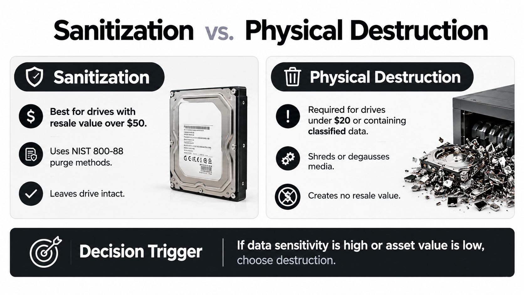 A comparative chart detailing the differences between data sanitization and physical hard drive destruction processes.