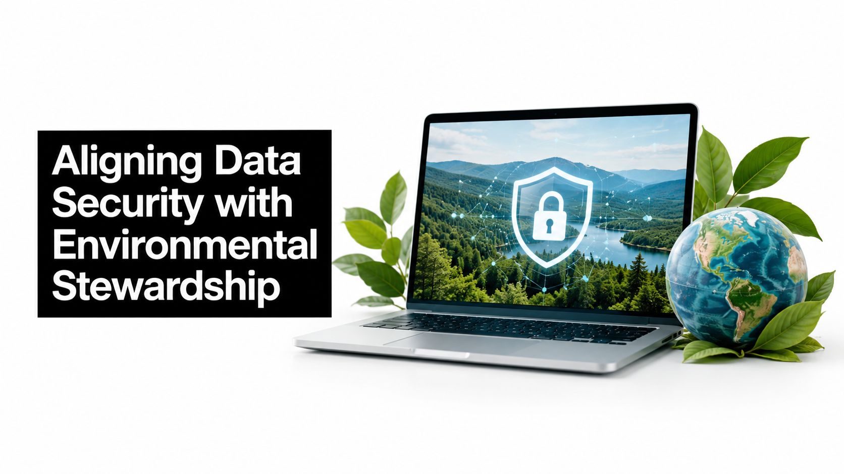 A laptop displays a digital lock icon over a scenic landscape, symbolizing data security and environmental sustainability.