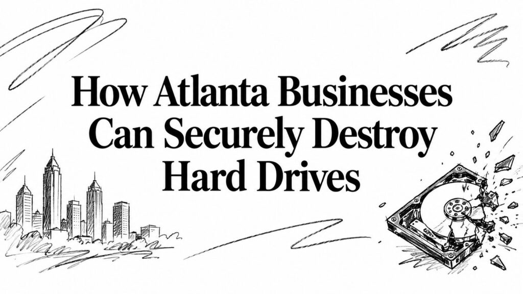 An Atlanta skyline and a hard drive illustrate how local businesses can securely destroy data.