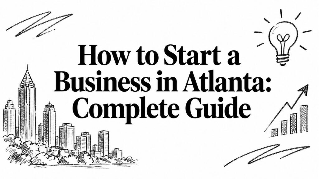 How to Start a Business in Atlanta: Complete Guide“ appears with sketches of buildings and a lightbulb.