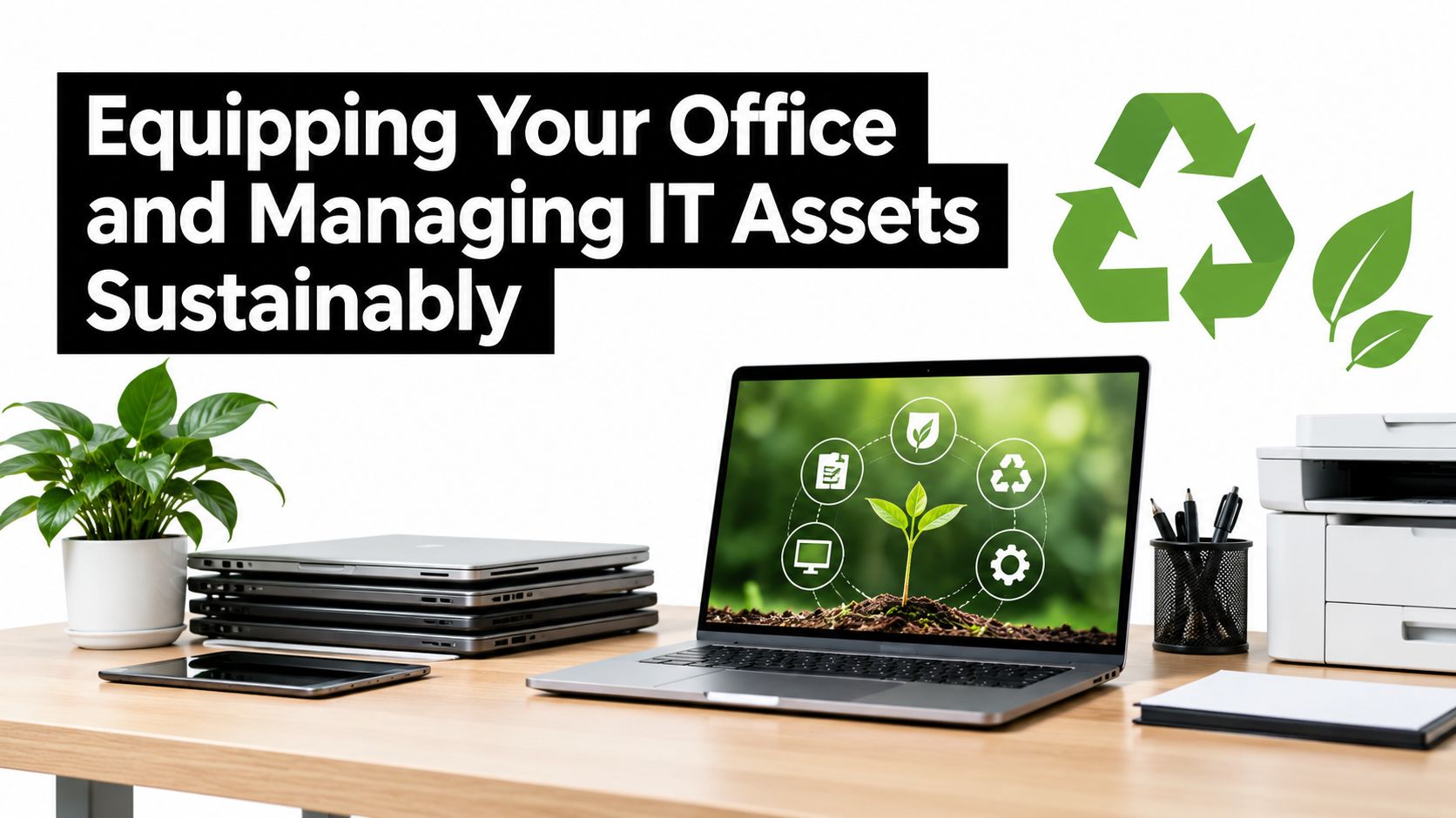 A sustainable office workspace with laptops, a printer, and a plant representing eco-friendly IT asset management.