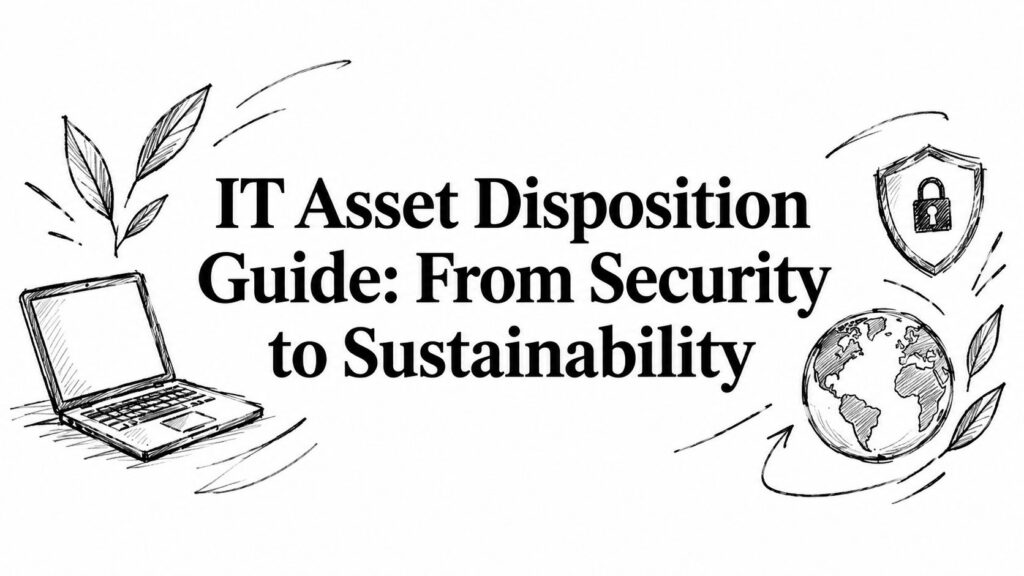An IT Asset Disposition Guide features a laptop, a lock, and a globe to represent security and ecology.