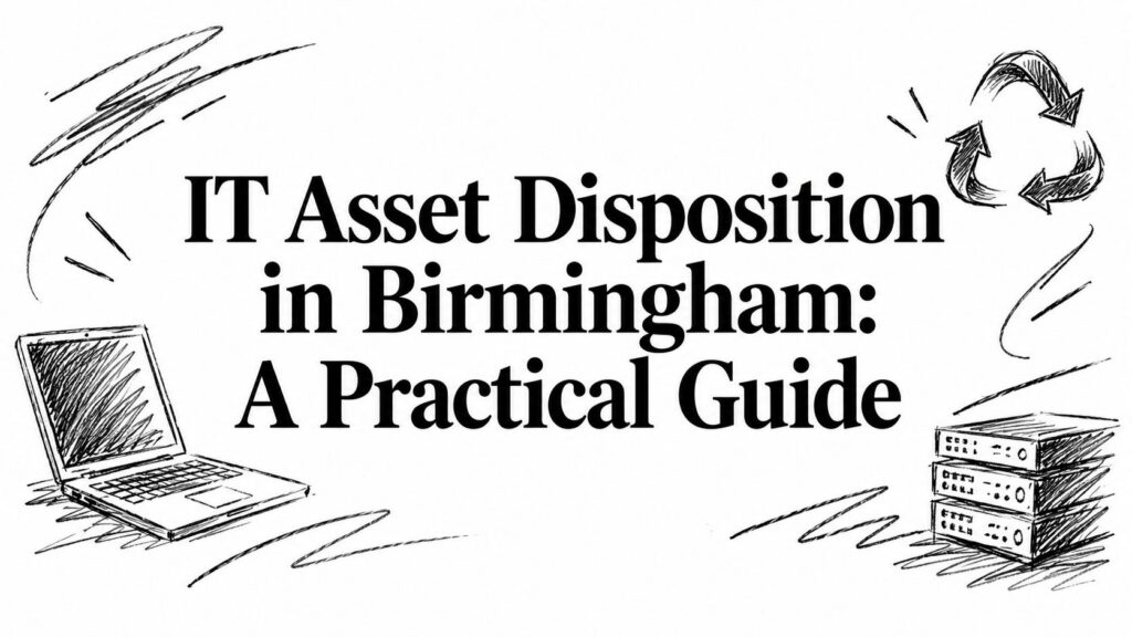 IT Asset Disposition in Birmingham guide cover with sketches of a laptop, servers, and directional arrows.