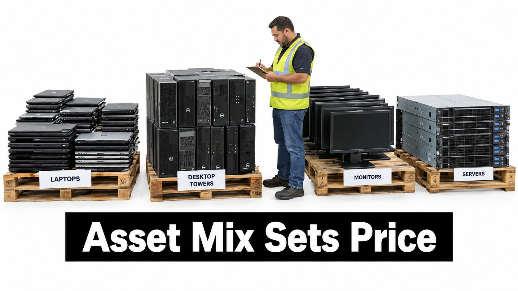 A technician inspecting stacks of IT hardware including laptops, desktop towers, monitors, and servers on wooden pallets.