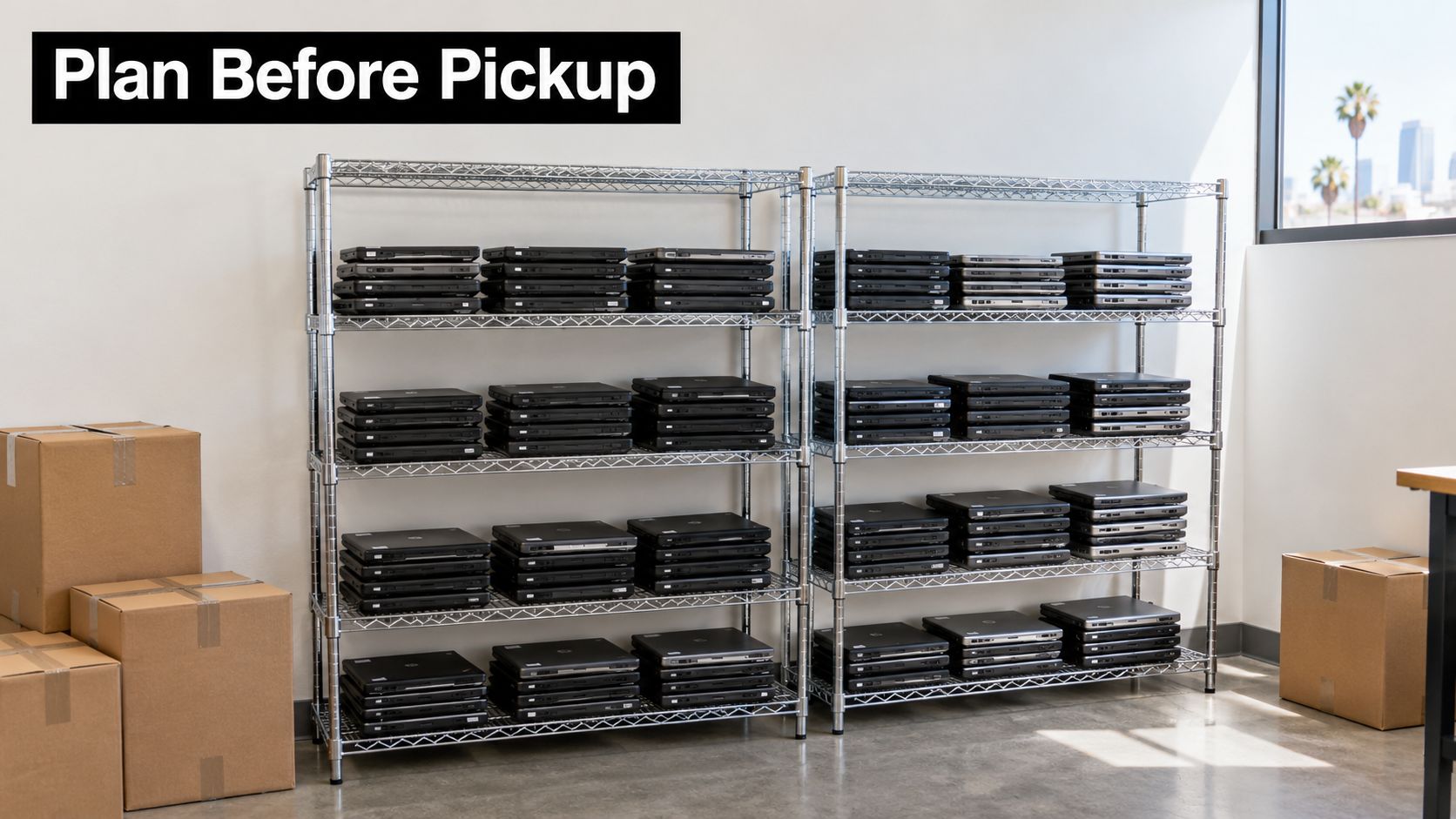 Stacks of laptops organized on metal industrial shelving units in a warehouse for IT asset disposition.