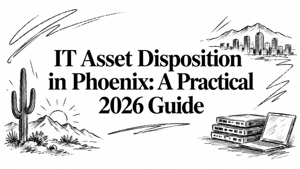 Title card for an IT Asset Disposition in Phoenix 2026 guide featuring city and electronics sketches.