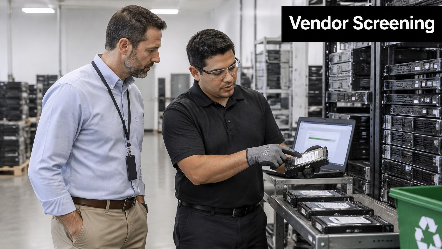 A professional man and a technician in a warehouse examining hard drives for IT asset disposition services.