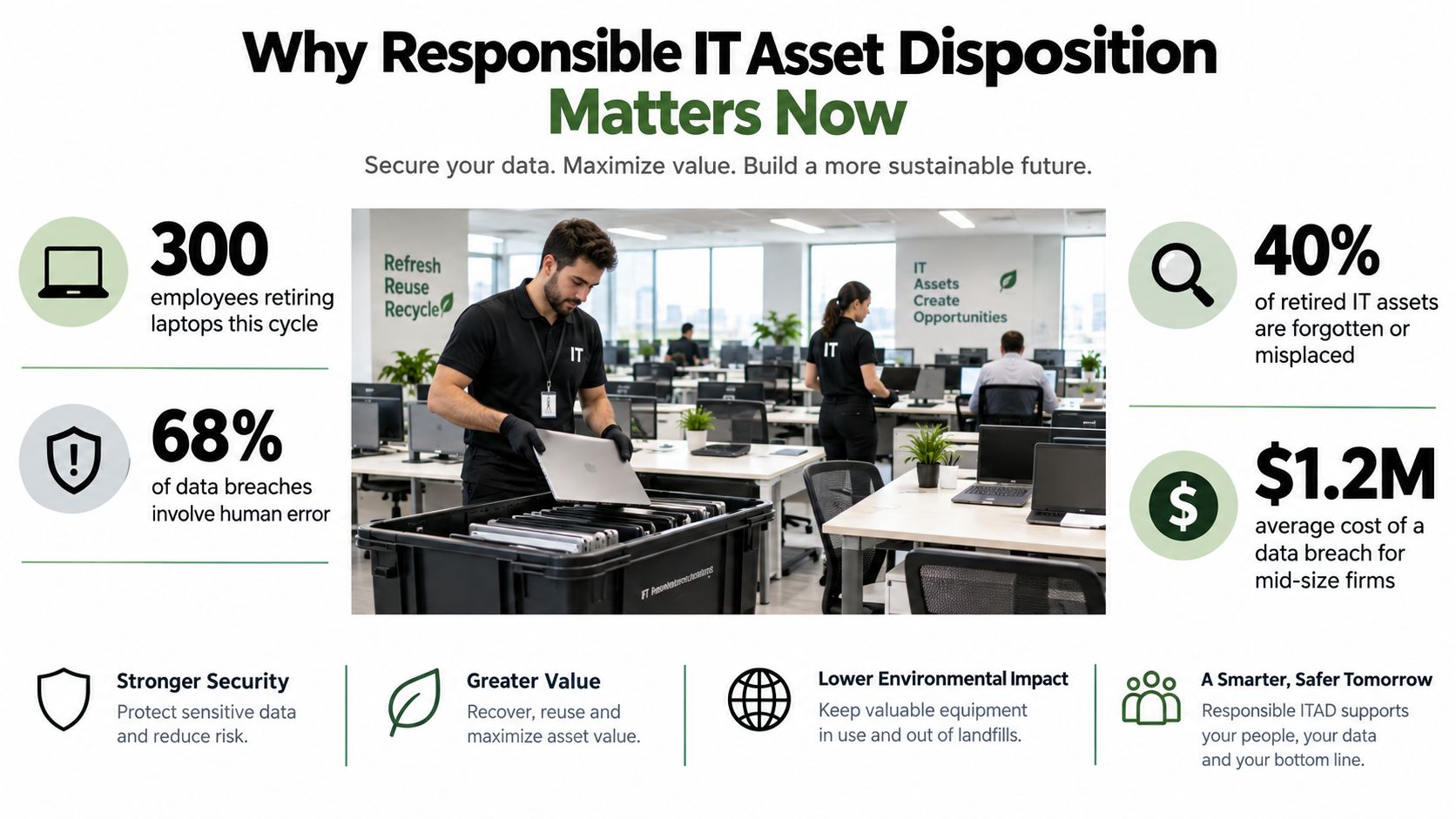 An infographic highlighting the importance of responsible IT asset disposition for data security and environmental sustainability.
