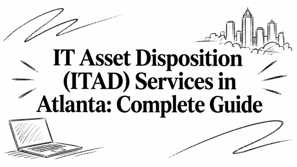 A laptop sits before an Atlanta skyline, illustrating this guide on IT Asset Disposition services.