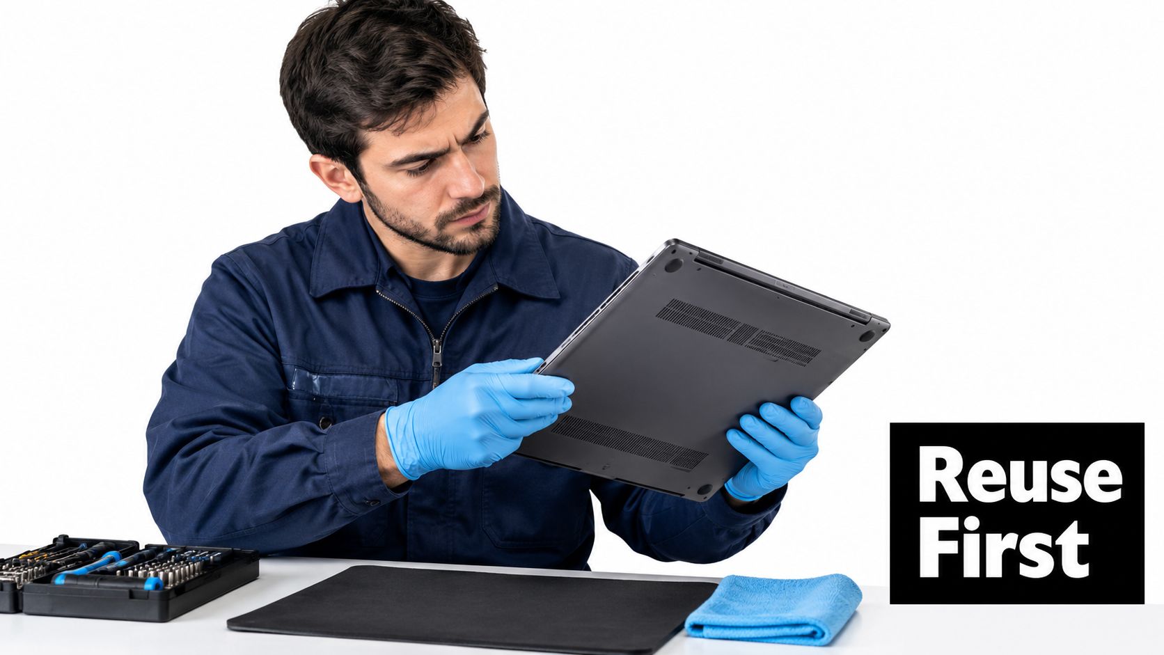 A technician wearing blue gloves carefully inspects the underside of a laptop for IT asset maintenance.