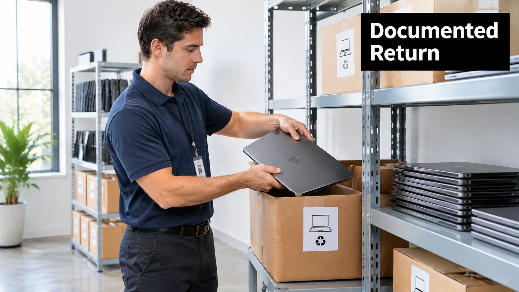 A professional warehouse worker placing a returned laptop into a cardboard box on a storage shelf.