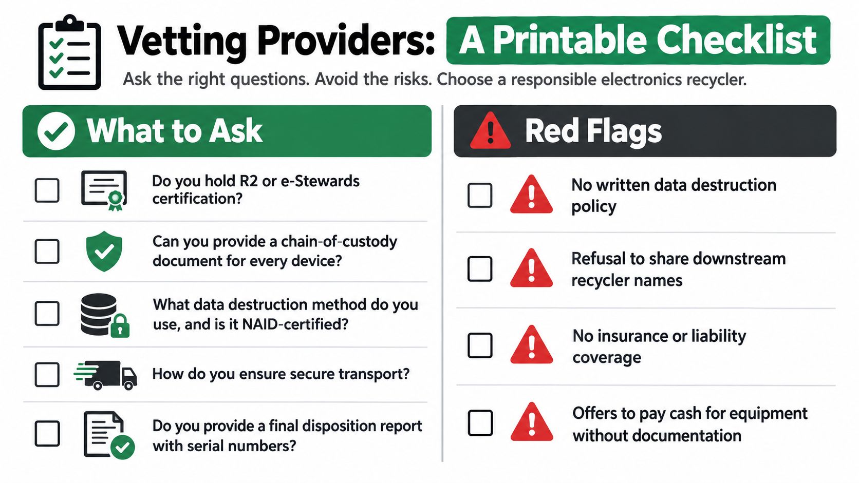 A printable checklist for vetting electronics recyclers including recommended questions to ask and common red flags.