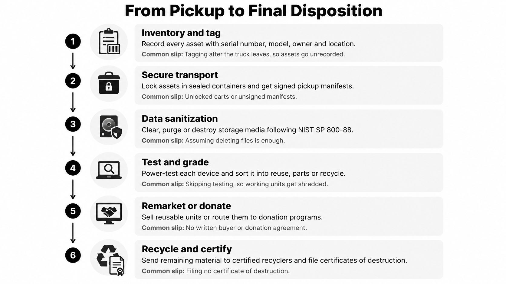 A six-step infographic process chart detailing the stages of professional IT asset recovery and disposition management.