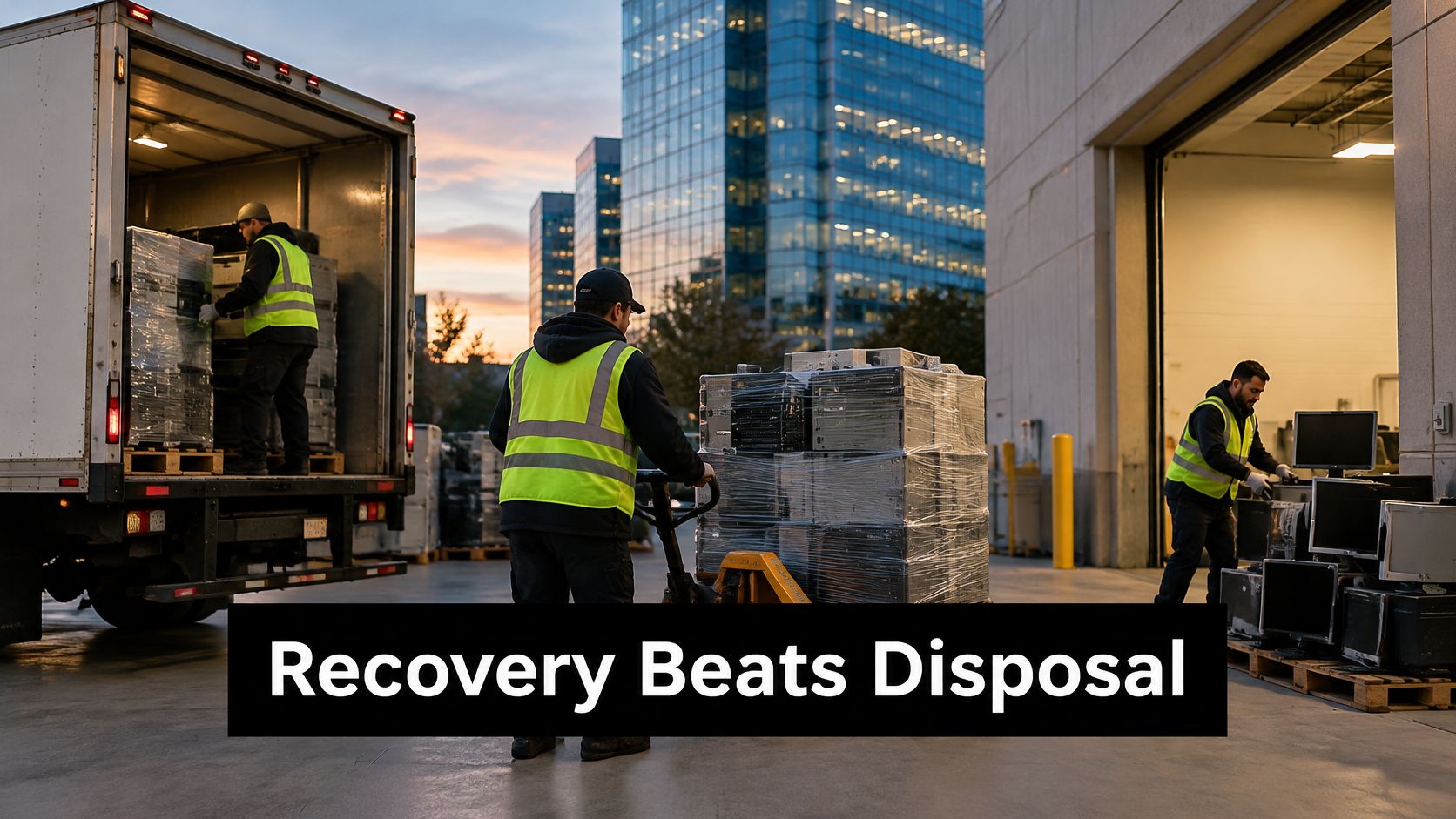 Three workers in high-visibility vests managing IT equipment for recycling and asset recovery near a warehouse.