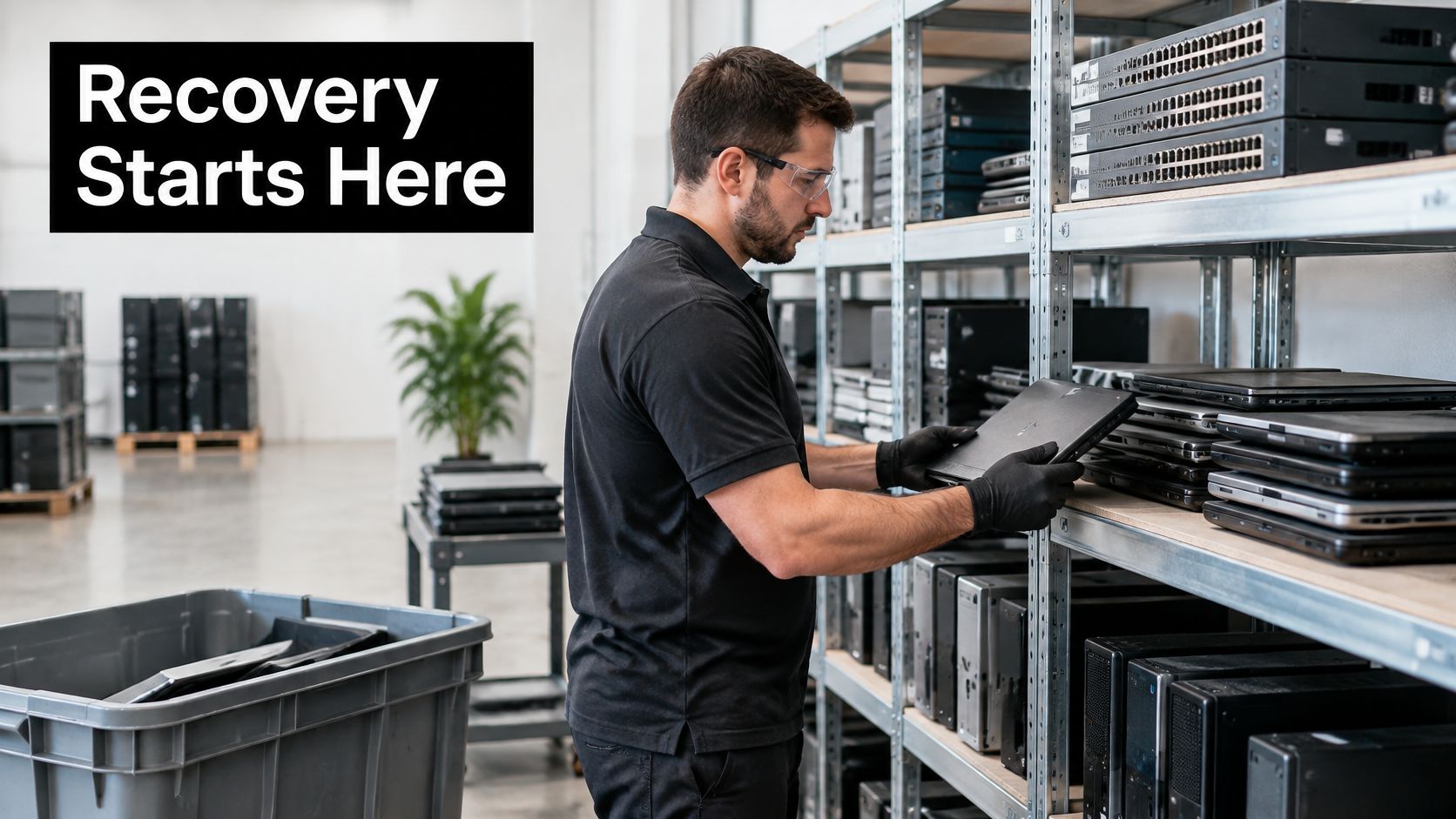 An IT technician in gloves organizes salvaged laptop and server equipment on storage shelves in a warehouse.