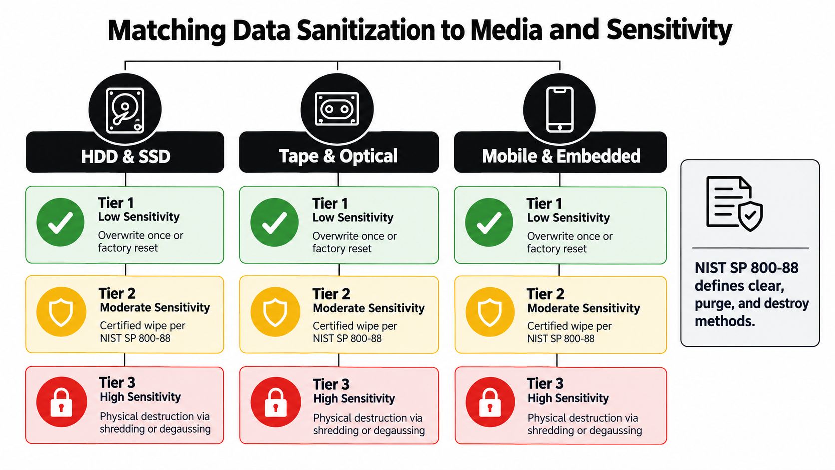 A chart illustrating data sanitization methods for HDD, SSD, tape, optical, and mobile devices based on data sensitivity levels.