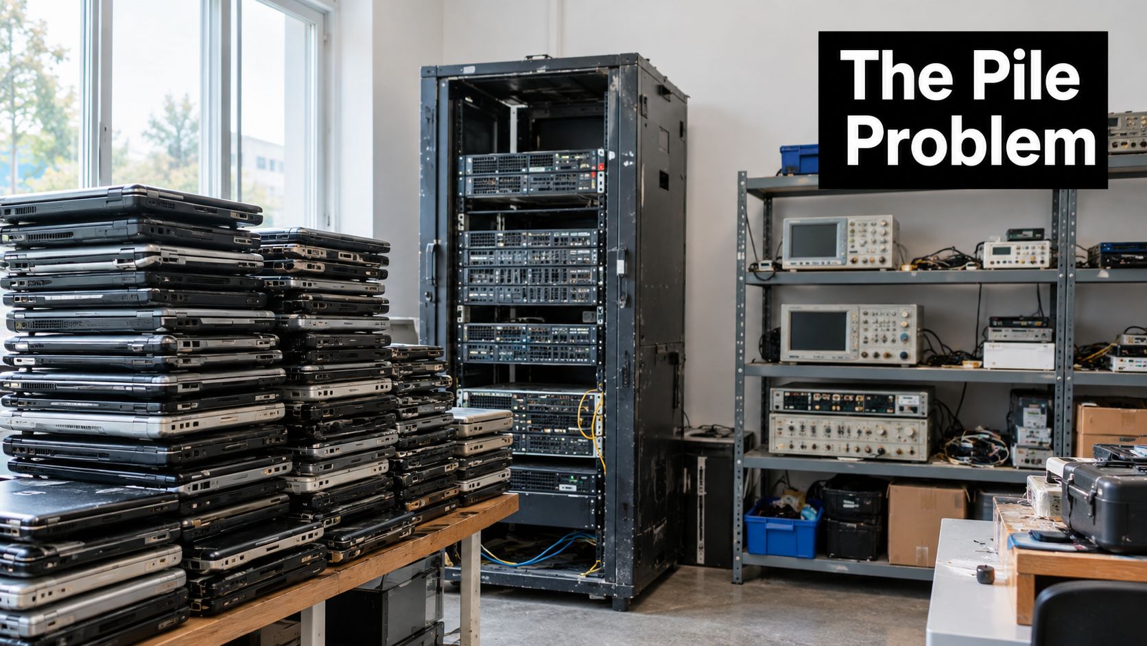 A stack of old laptops sitting on a table next to a server rack in a workshop.