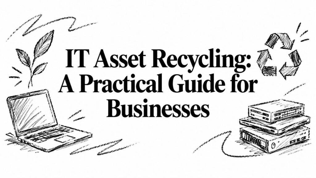 A title graphic reads IT Asset Recycling: A Practical Guide for Businesses with tech gear sketches.