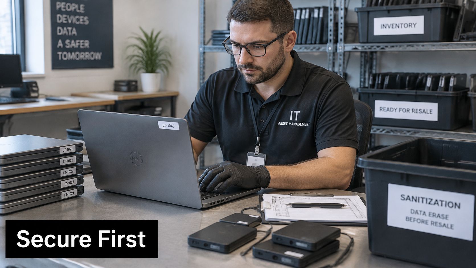 An IT technician wearing gloves performs secure data erasure on laptop computers for an asset management service.
