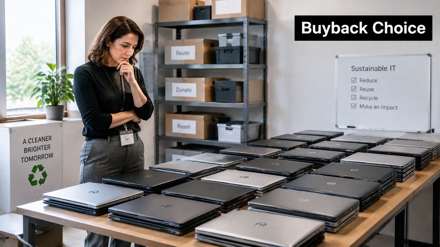 A professional woman contemplating a selection of refurbished laptops in an office focused on sustainable IT recycling.