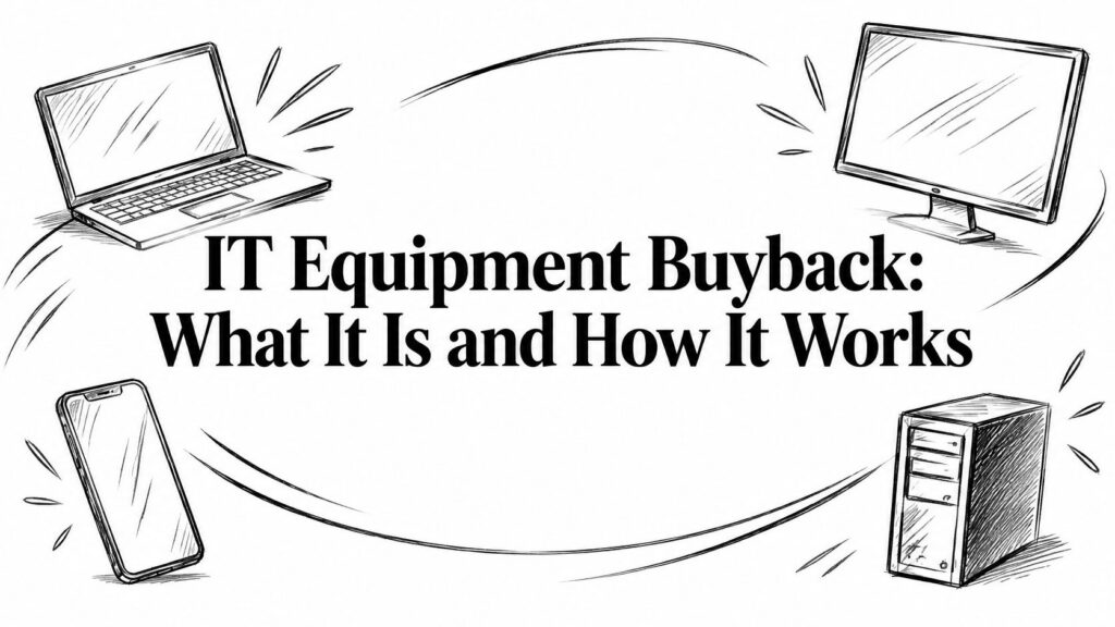 A line drawing features a laptop, monitor, smartphone, and tower labeled “IT Equipment Buyback.”