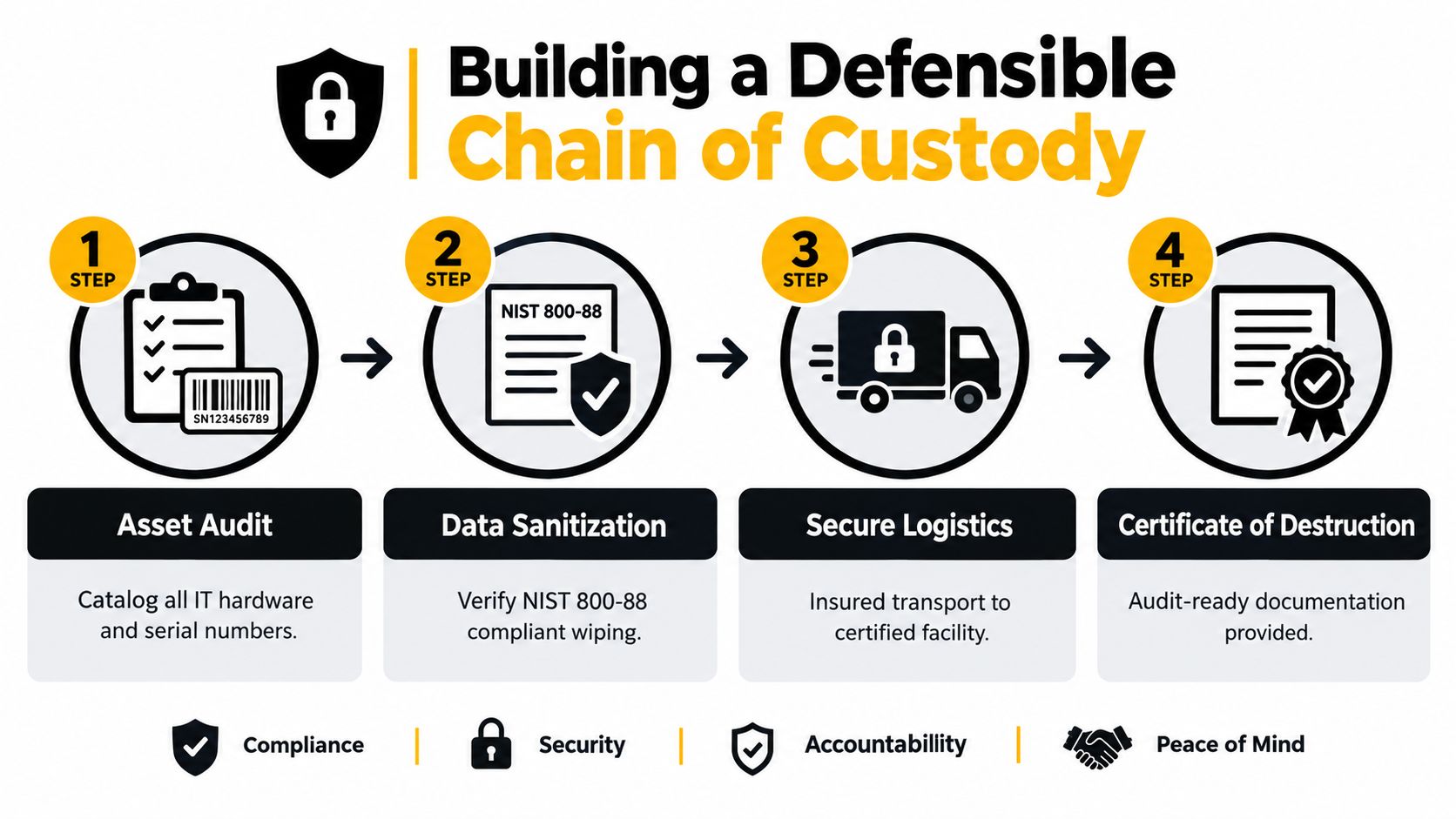 A four-step infographic illustrating the process of building a defensible chain of custody for IT equipment recycling.