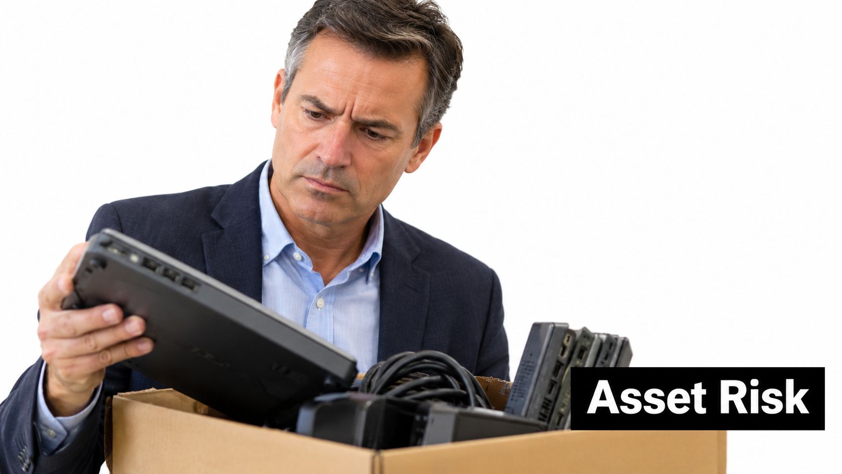 A concerned business man examines old IT equipment and cables inside a cardboard box for recycling.